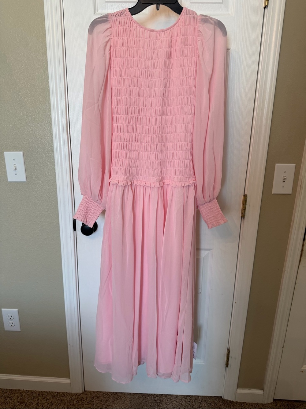 ASOS Light Pink Smocked Long Sleeve Midi Dress